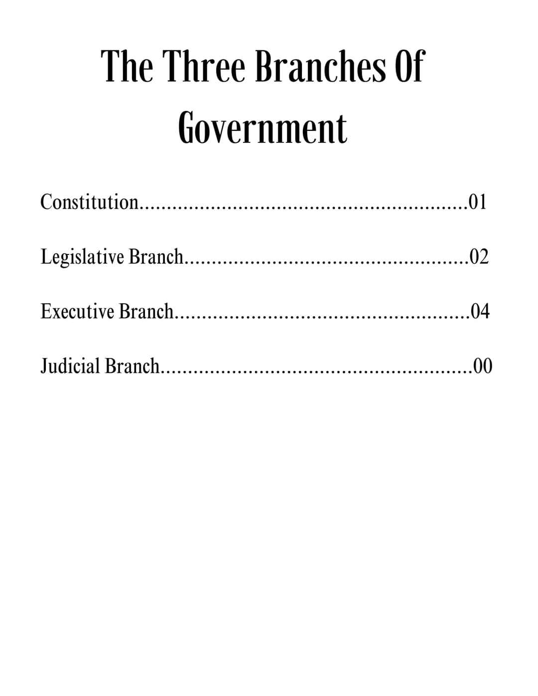 The Three Branches Of
Government
Constitution......
Legislative Branch.…........
Executive Branch...…......
Judicial Branch...........
..01
