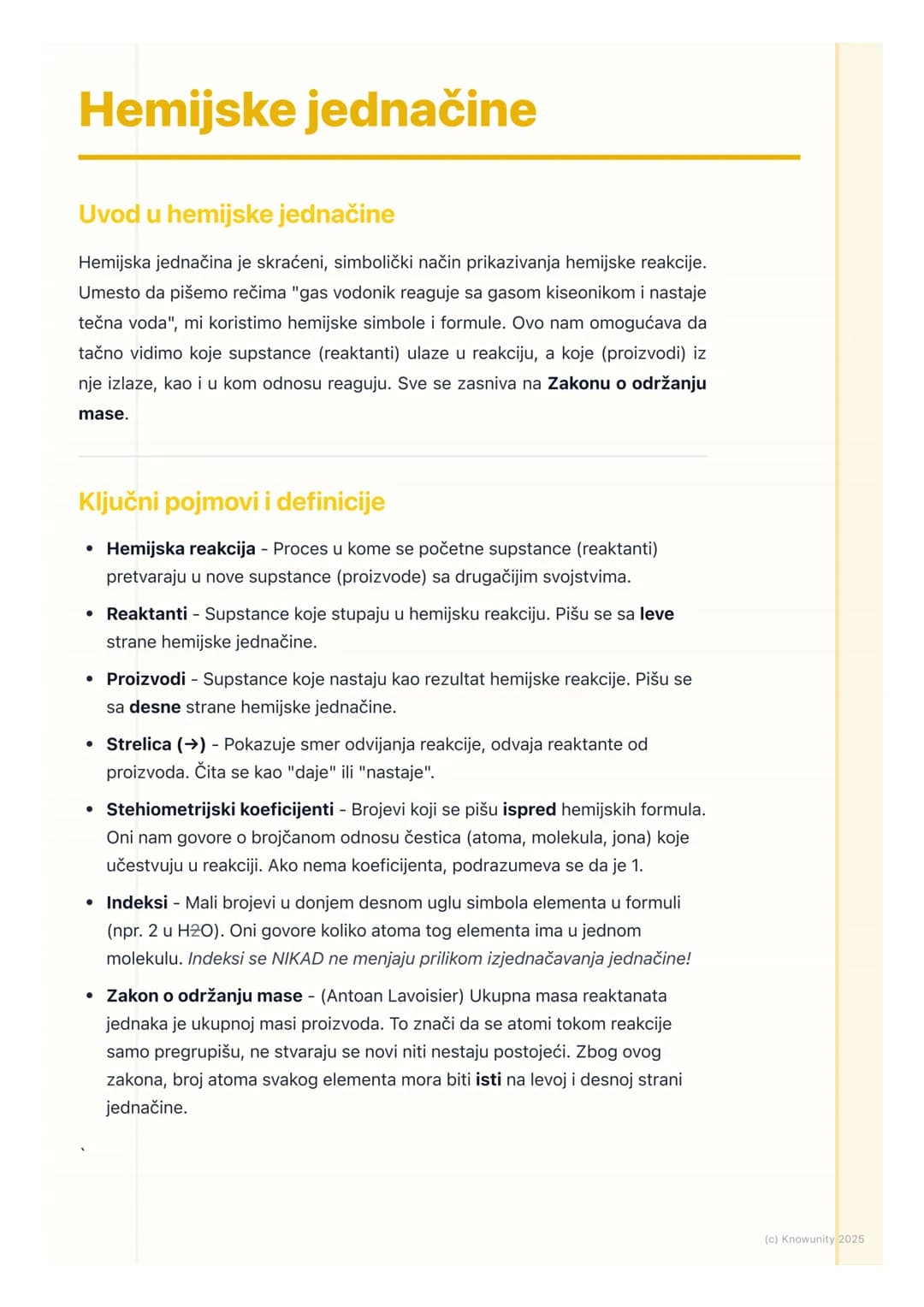 # Hemijske jednačine

Uvod u hemijske jednačine

Hemijska jednačina je skraćeni, simbolički način prikazivanja hemijske reakcije.
Umesto da 