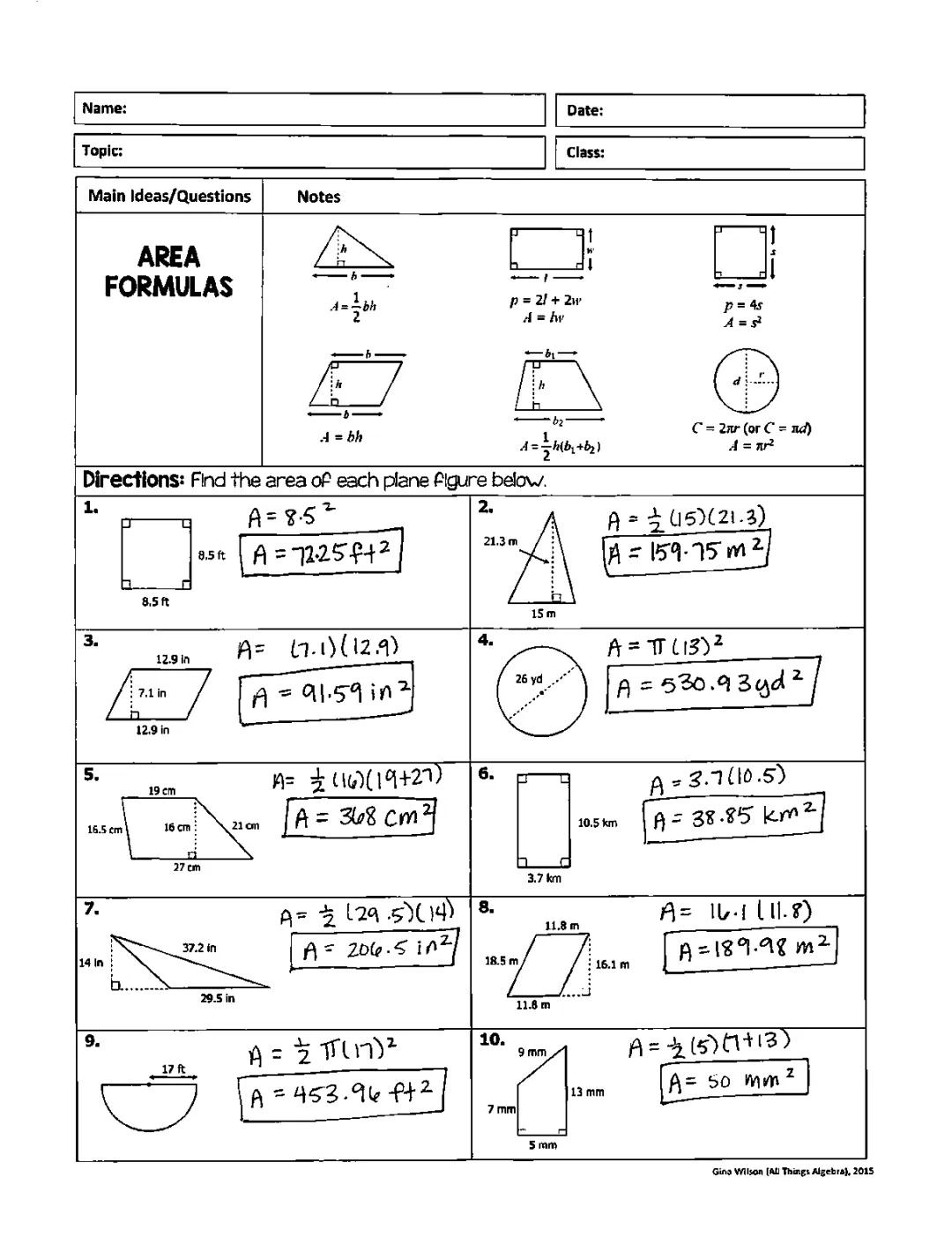 Fun Area of Plane Figures Worksheet PDF with Cool Formulas!