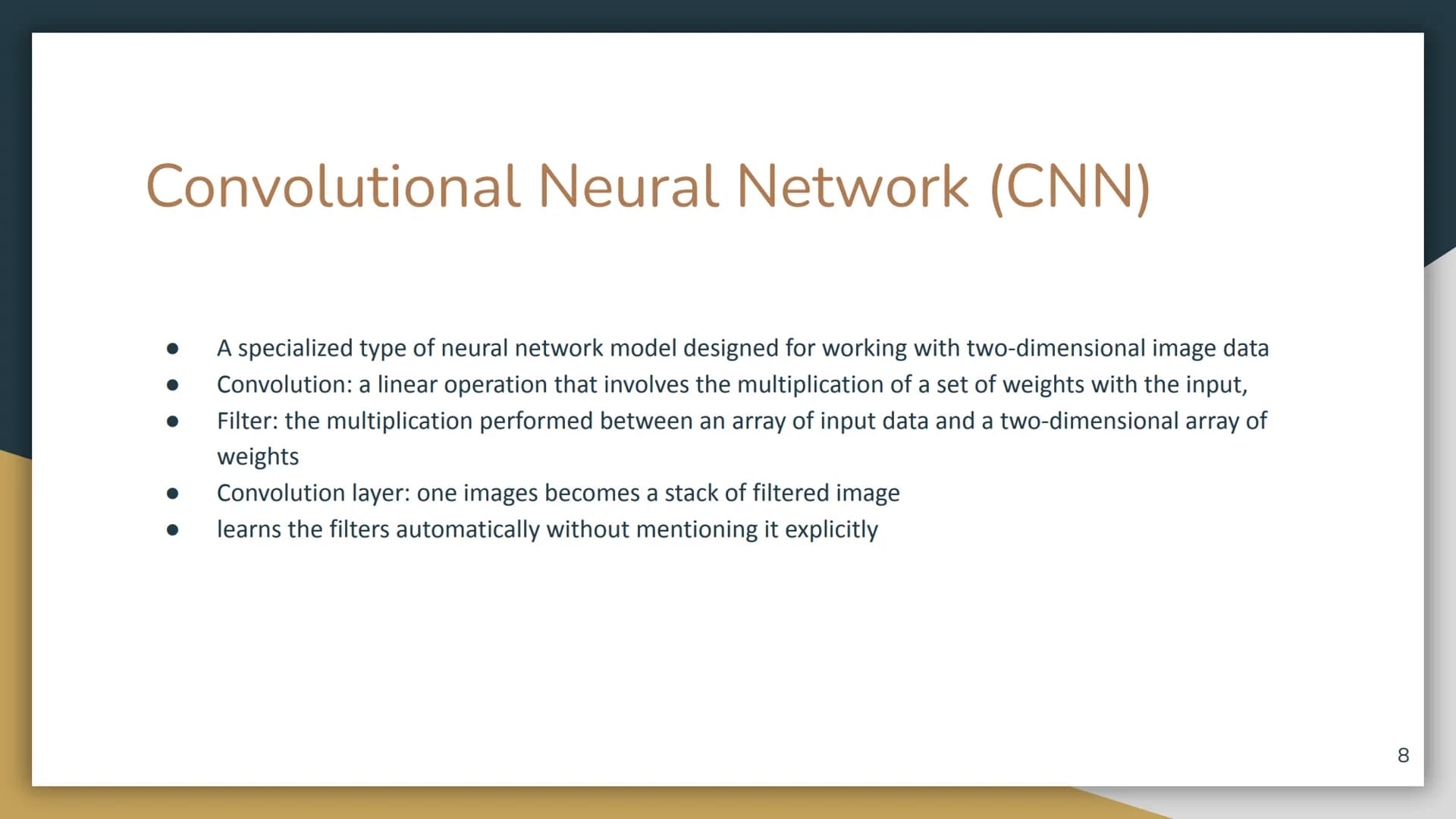 Deep Learning
1 Overview
Deep learning: a subfield of machine learning concerned with algorithms inspired by the structure and
function of t
