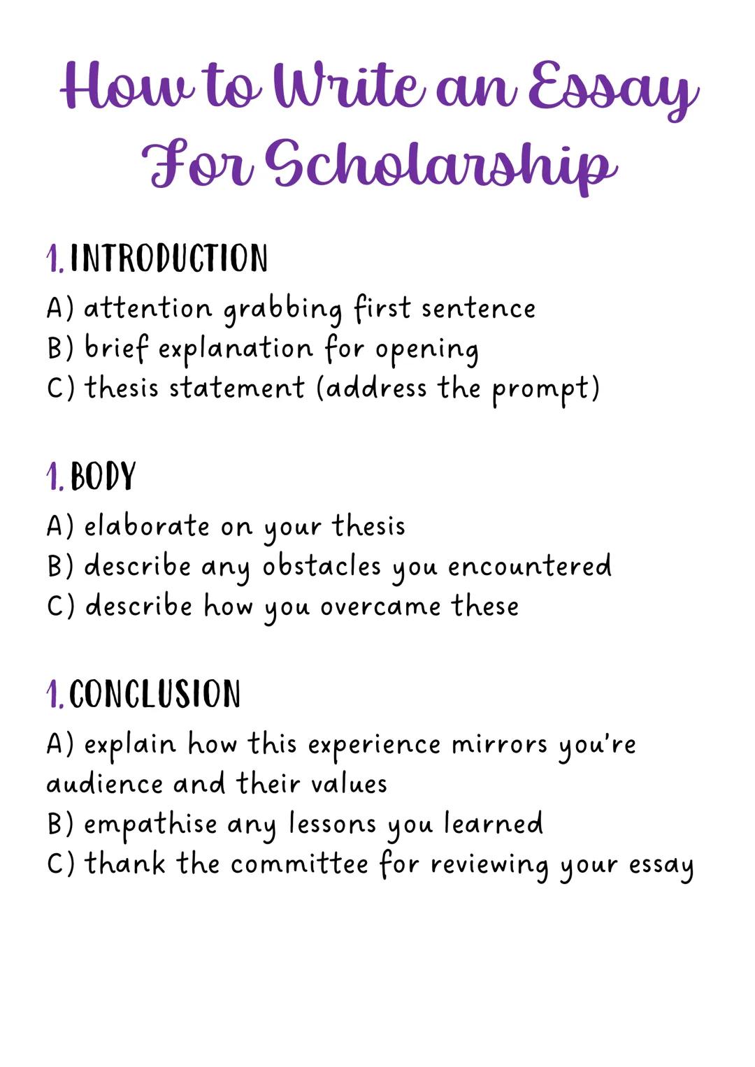 How to Write an Essay
For Scholarship
1. INTRODUCTION
A) attention grabbing first sentence
B) brief explanation for opening
C) thesis statem