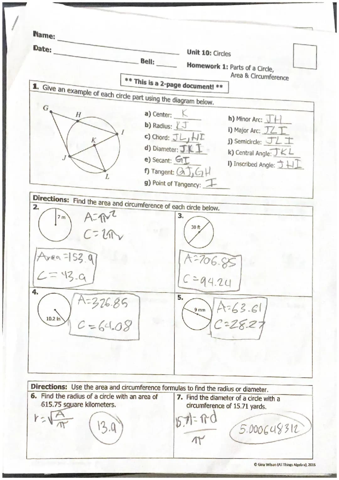 Parts of a circle, area & circumference 