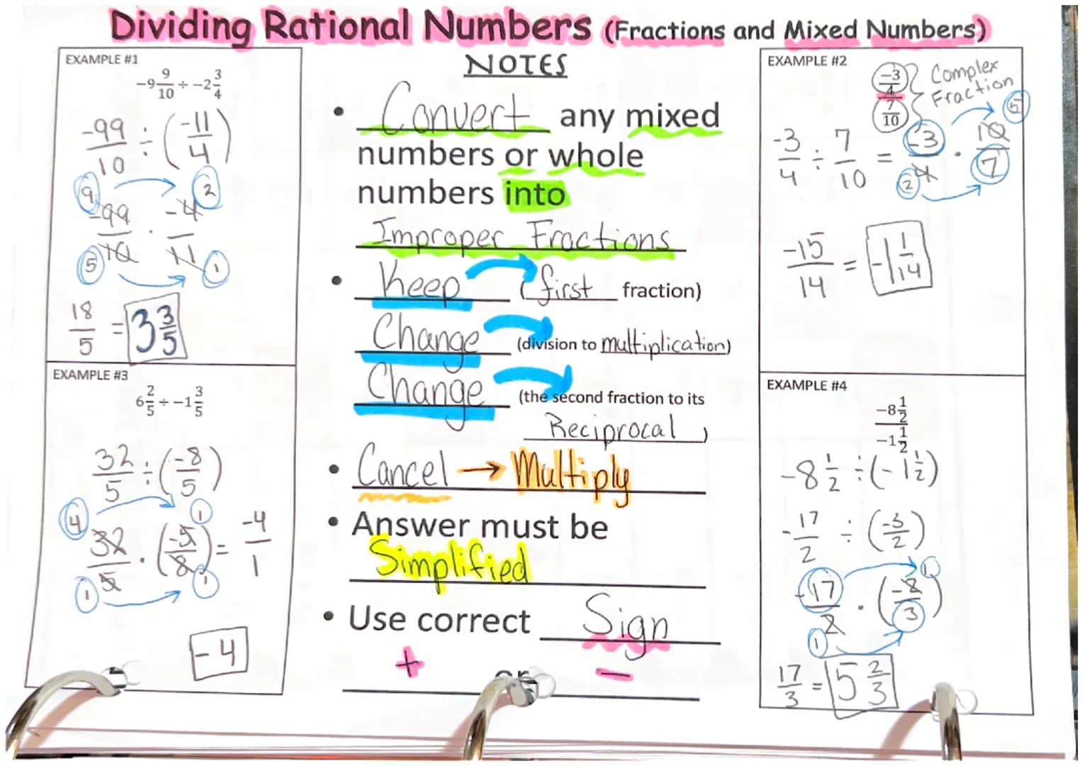 Dividing Rational Numbers (Fractions and Mixed Numbers)
EXAMPLE #2
NOTES
EXAMPLE #1
-99
10
299.
STQ NO
18
EXAMPLE #3
9-12/0+-2-²/20
(+)
23
3