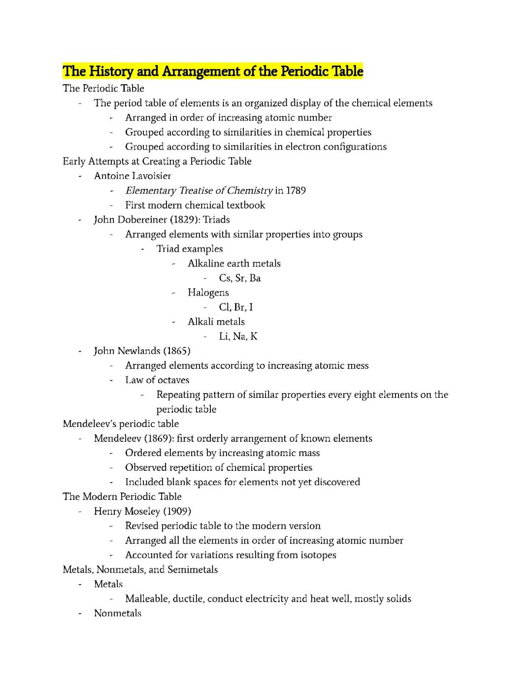 The History and Arrangement of the Periodic Table