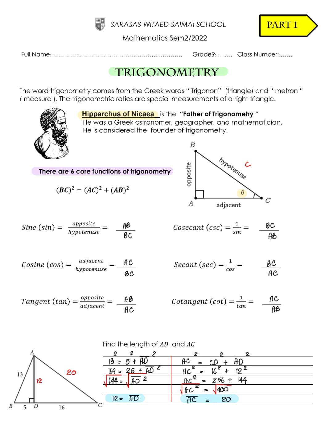 Core functions of trigonometric functions