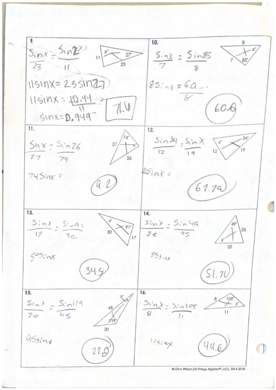 Name:
Date:
• Min Escalante
1.
3.
Directions: Use the Law of Sines to find each missing side or angle. Round to the nearest tenth.
2.
Sin 46