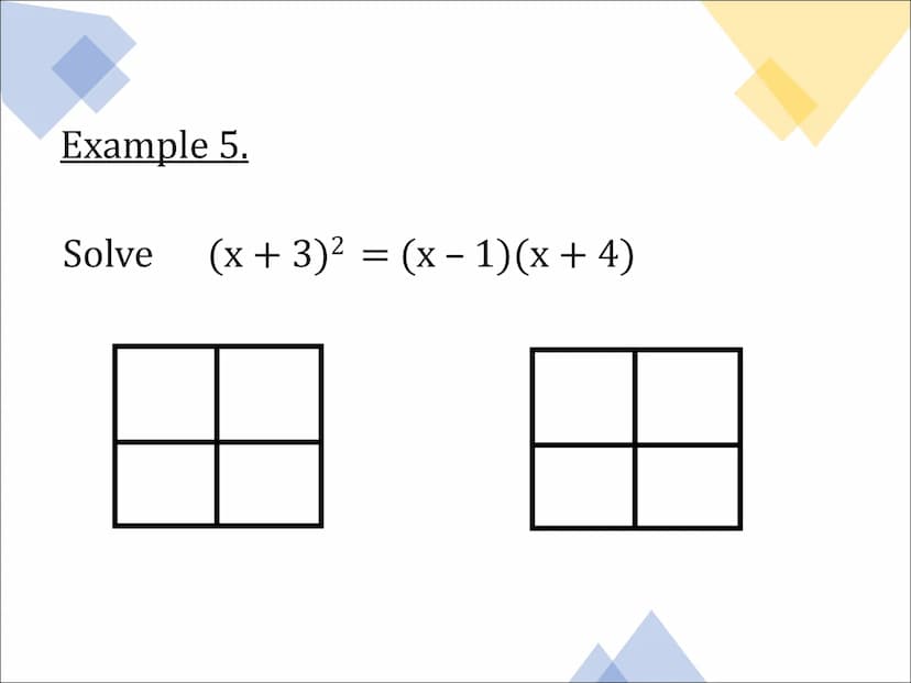 Equations
and
Inequalities Solving Equations
Example 1.
Solve
5x+ 3 = 38 Example 2.
Solve 2x = 6x + 14 Example 3.
Solve
7x - 8 = 2x + 18 Exa