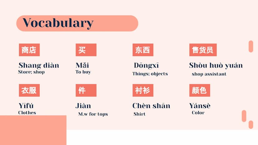 买东西
Shopping
% Vocabulary
商店
Shang dian
Store; shop
衣服
Yifú
买
东西
售货员
Mǎi
Dōngxi
To buy
Things; objects
件
Jiàn
衬衫
Chèn shān
Shòu huò yuán
sho