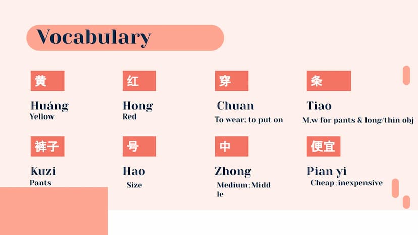 买东西
Shopping
% Vocabulary
商店
Shang dian
Store; shop
衣服
Yifú
买
东西
售货员
Mǎi
Dōngxi
To buy
Things; objects
件
Jiàn
衬衫
Chèn shān
Shòu huò yuán
sho