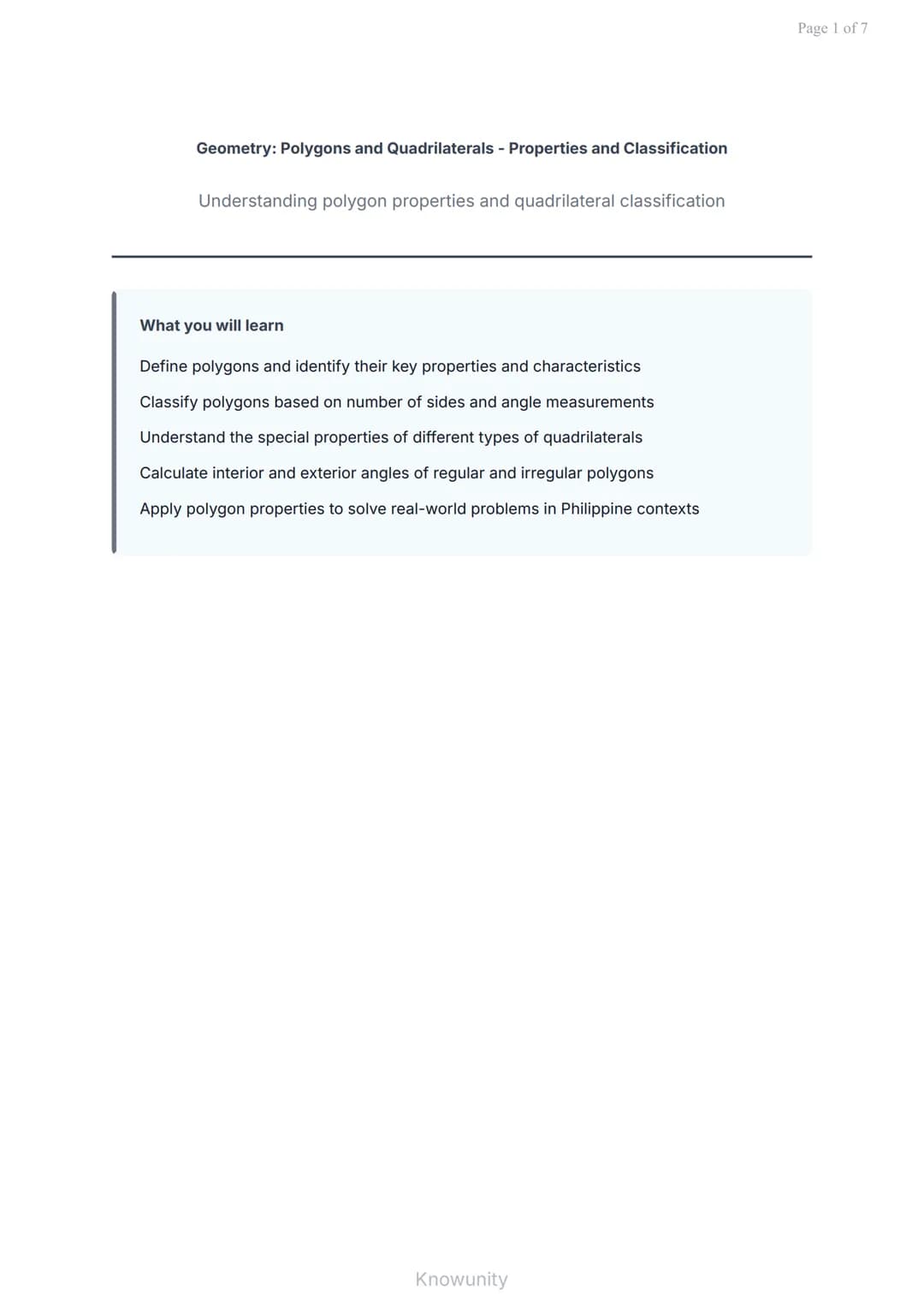 Geometry: Polygons and Quadrilaterals - Properties and Classification
Understanding polygon properties and quadrilateral classification
What