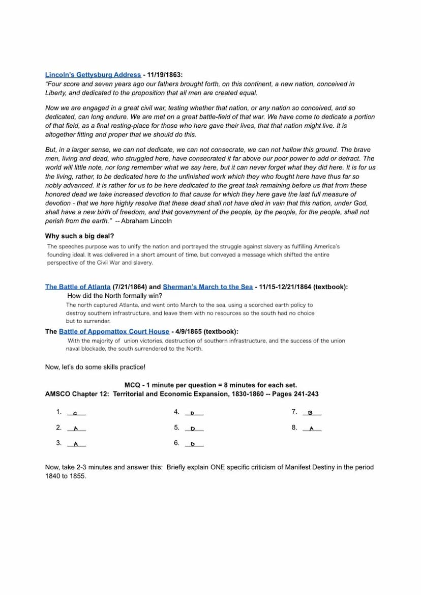 The Civil War: Causes, Courses, and Skills Practice
Directions: You will fill this out as a study guide for the Civil War. Some of it is rev