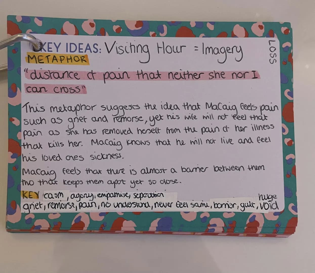 20
KEY IDEAS: Visiting Hour =
= Imagery
"distance of pain that neither she nor I
LOSS
can cross"
This metaphor suggests the idea that MaCaig