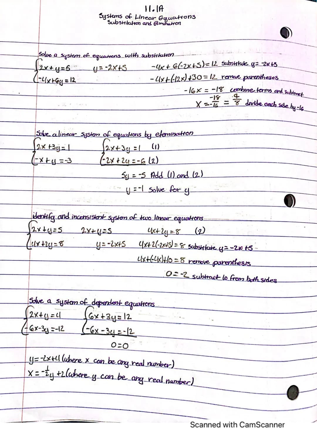 11.1A
Systems of Linear Equations
Substitution and Elimination
Solve a system of equations with substitution
fax+y=5
y=-2x+5
(-4x+6y=12
Solv