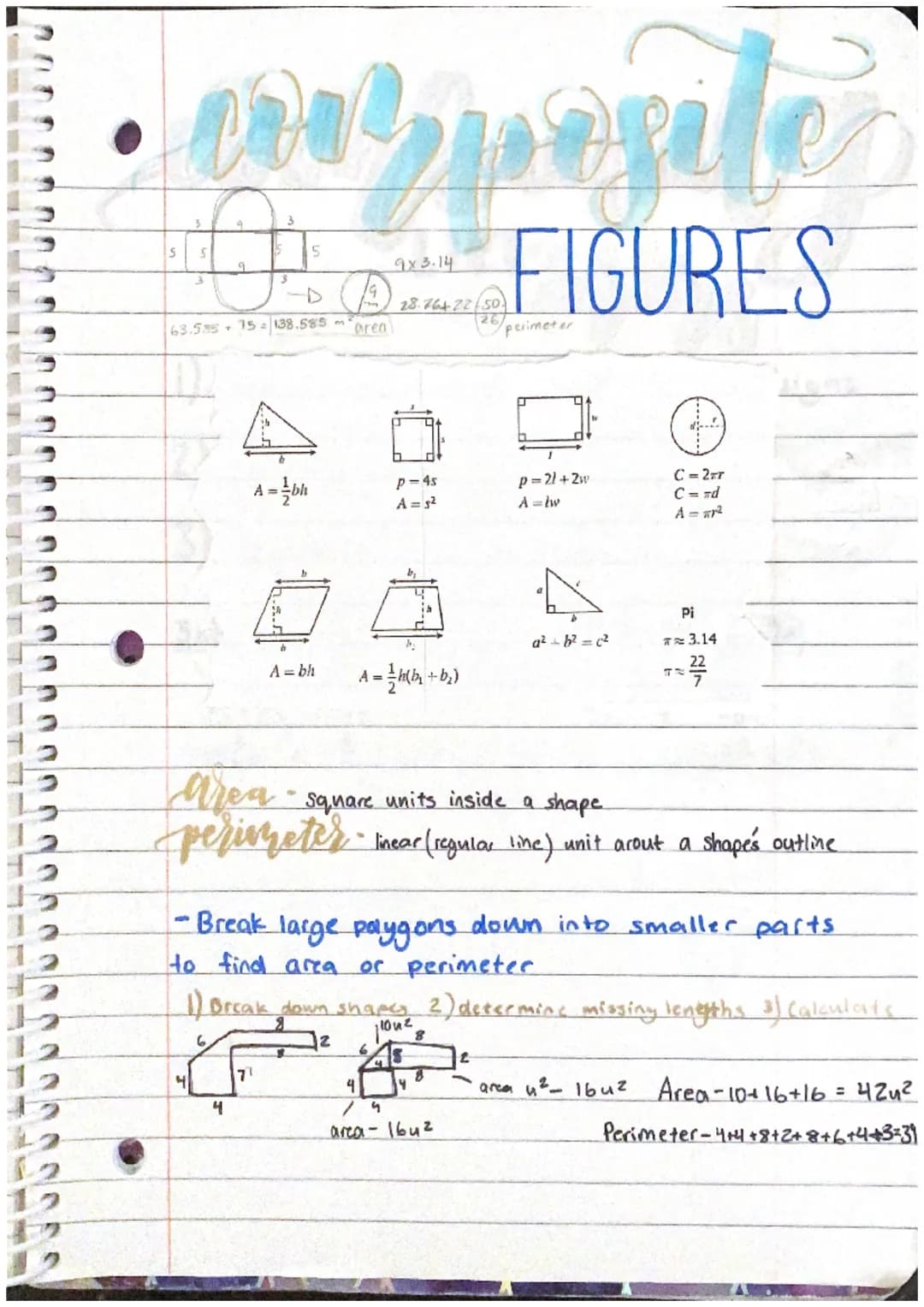 0000000000
00000000
composite
FIGURES
63.585 15 138.585 m
2
3
A=bh
4
A = bh
area
71
9x3.14
28.76+22/50)
J
P=4s
A = $²
A = ²(b + b₂)
14
26
- 