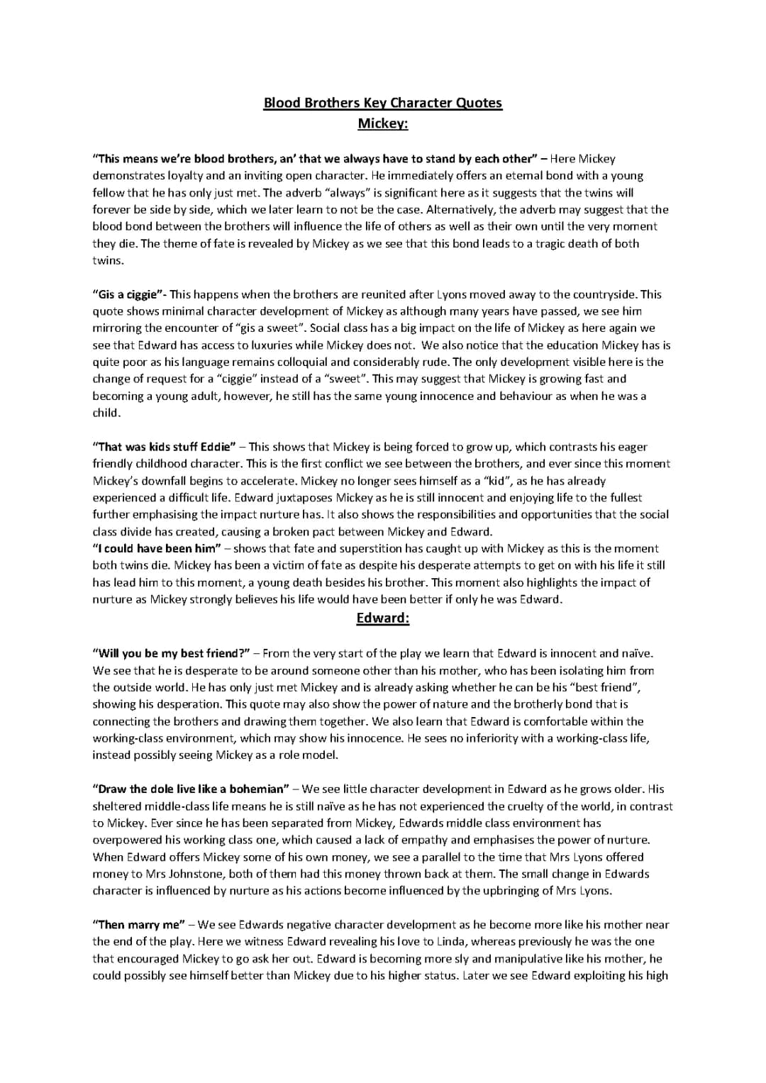 Blood Brothers Key Character Quotes: Mickey and Edward