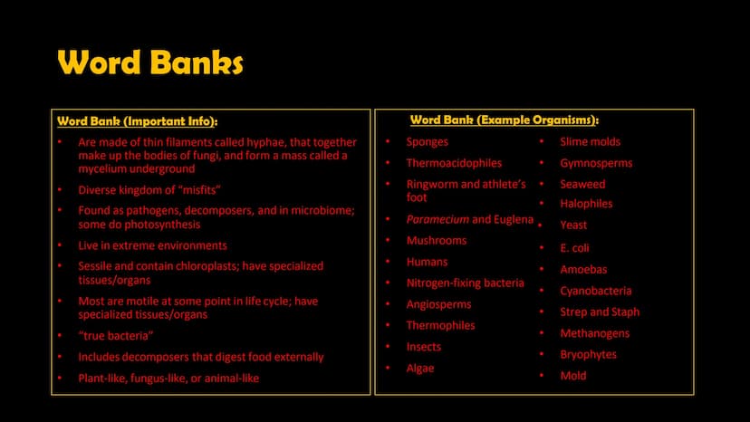 Animals
10
Protists
Plants
Bacteria
Fungi
Archaea
Kingdom
Characteristics
Instructions: Use
the Classification
Notes, the
textbook, and
vide