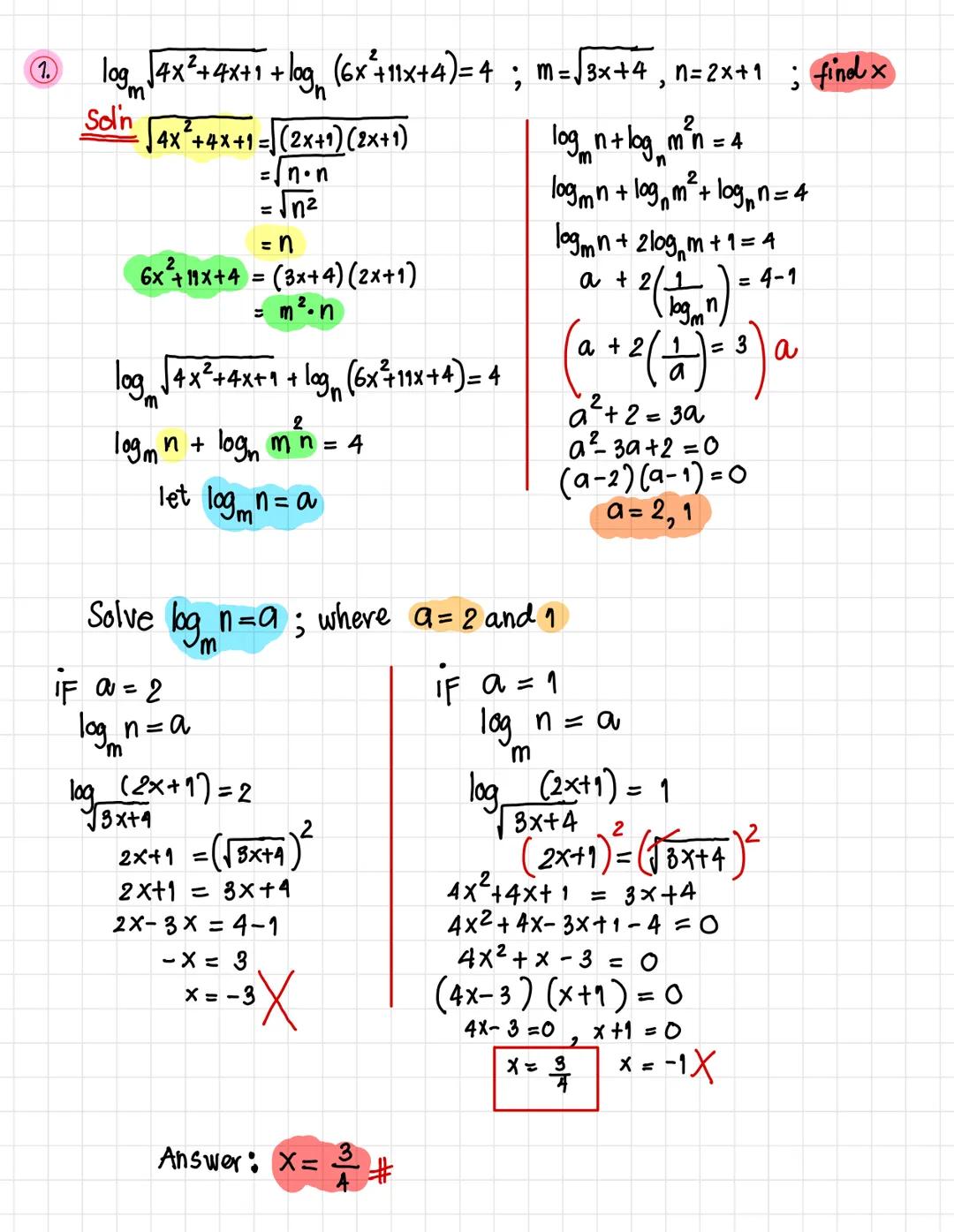 1 log √4x²+4x+1 + log₂ (6x²+11x+4)= 4; m= √3x+4¸n=2x+1 ; find x
1.
Soln
|4x²+4x+1 = (2x+1) (2x+1)
=√ non
=√n²
= n
2
6x² +11x+4 = (3x+4) (2x+