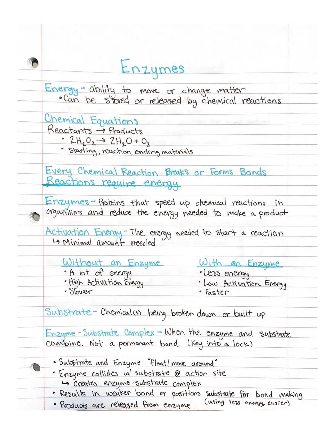 # Enzymes

Energy ability to move or change matter

*   Can be stored or released by chemical reactions

Chemical Equations

Reactants Produ