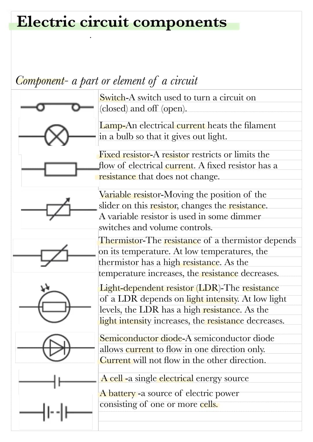Electric circuit components
Component- a part or element of a circuit
Z
HHH
Switch-A switch used to turn a circuit on
(closed) and off (open