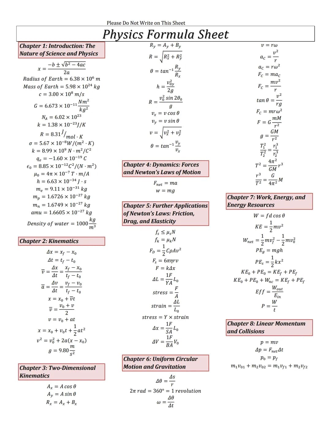 Chapter 1: Introduction: The
Nature of Science and Physics
- b ± √b² - 4ac
2a
Radius of Earth = 6.38 × 106 m
Mass of Earth = 5.98 x 10²4 kg
