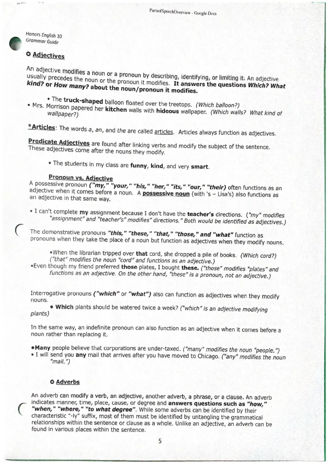 10/2/22, 7:38 AM
Honors English 10
Grammar Guide
Parts of SpeechOverview - Google Docs
Parts of Speech
Verbs
A verb is the critical element 