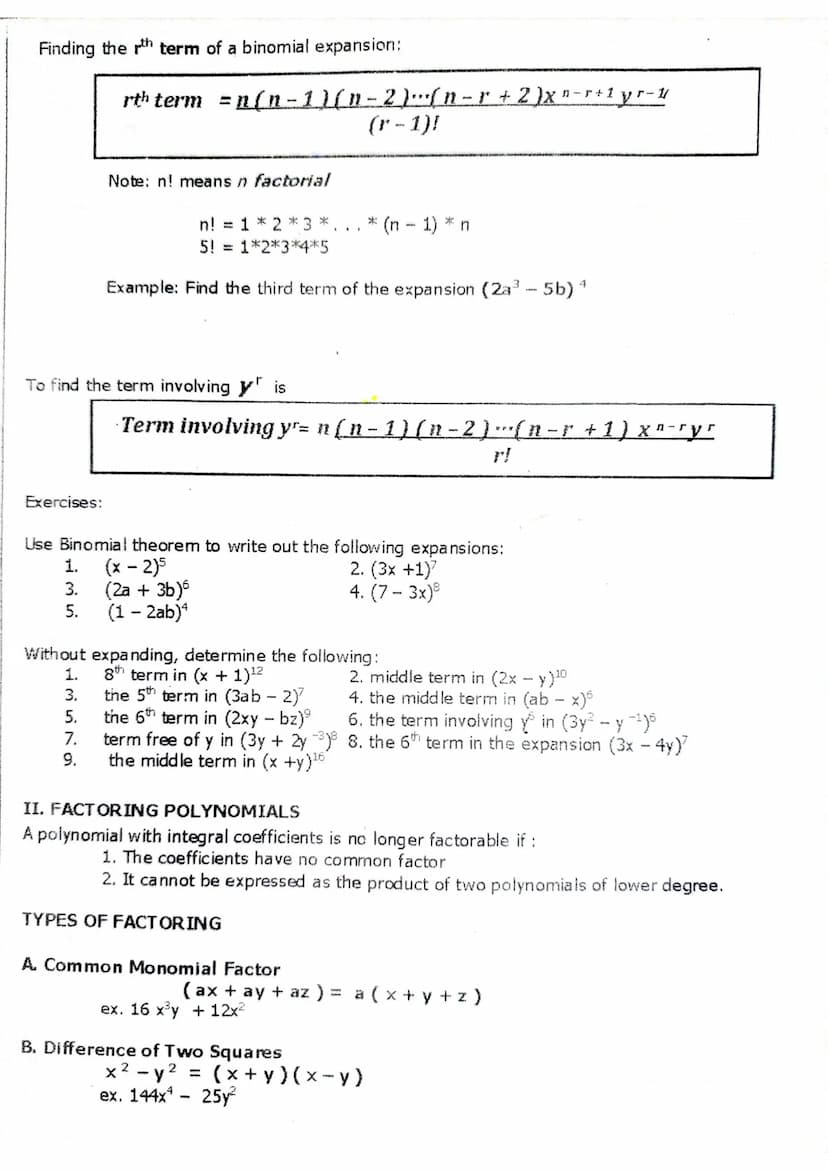 n
I. BINOMIAL EXPANSION OF (x + y)
Properties of Binomial
(1) The first and last terms are always x
respectively.
CRESSMENINGUTASTE COARSYER