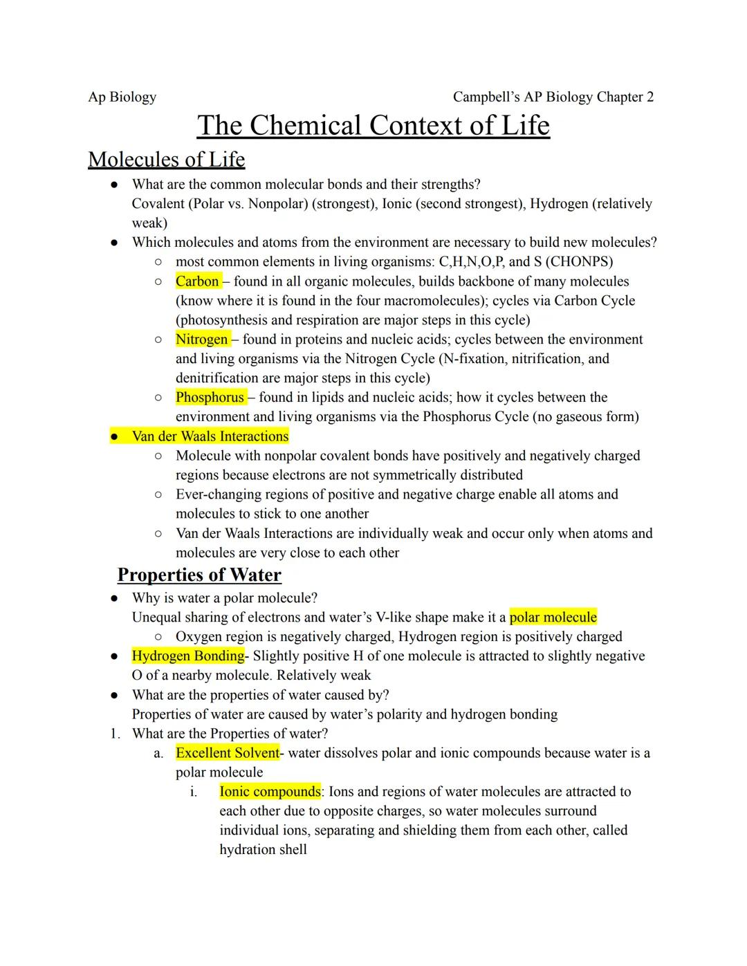 The Chemical Context of Life, Campbell’s Chapter 2
