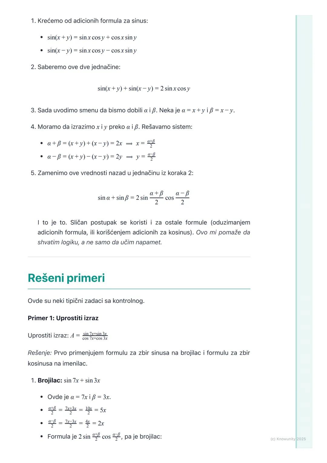 # Formule transformacije zbira i
razlike u proizvod i obrnuto

Uvod i značaj formula

Ove formule su jako važne jer nam omogućavaju da zbiro