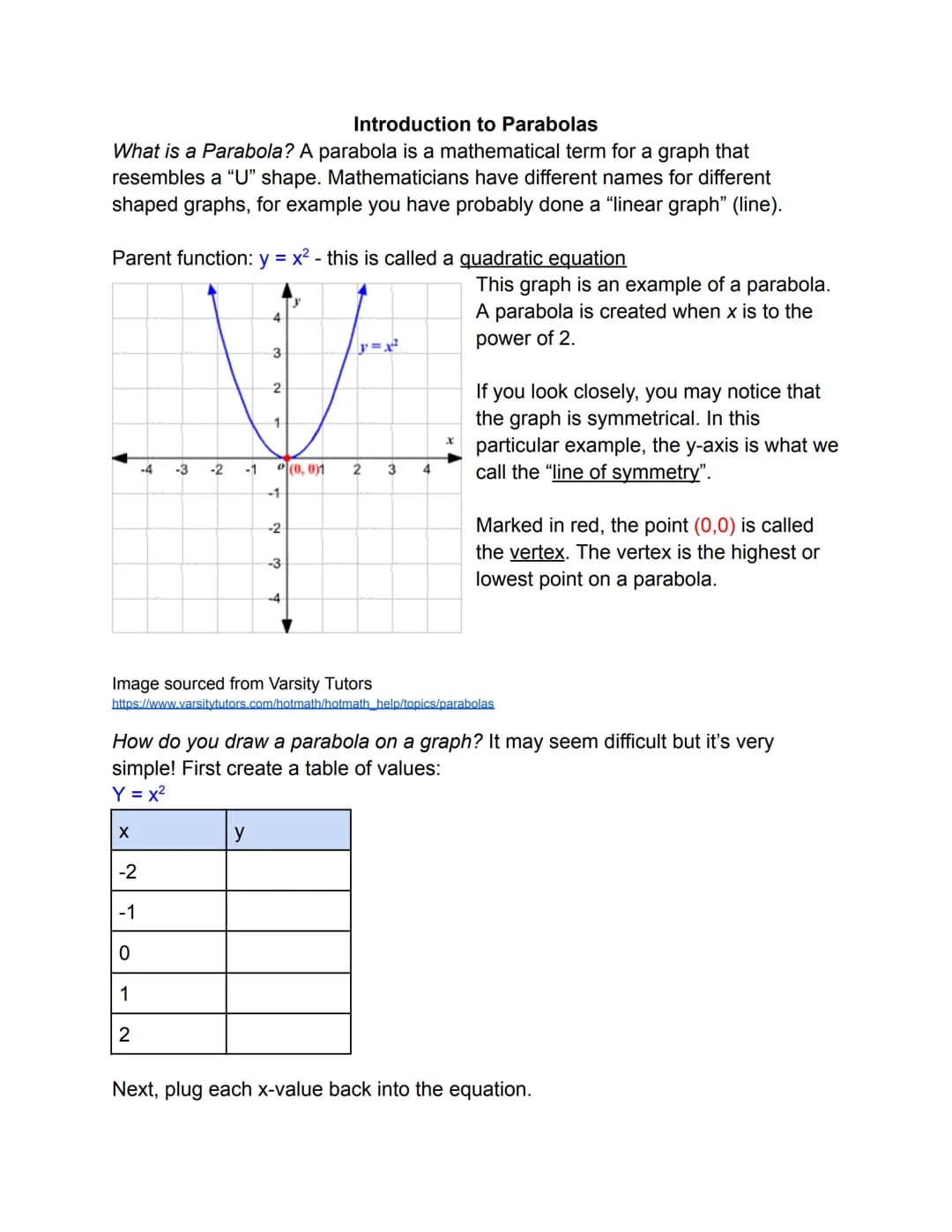 Introduction to Parabolas
What is a Parabola? A parabola is a mathematical term for a graph that
resembles a "U" shape. Mathematicians have 