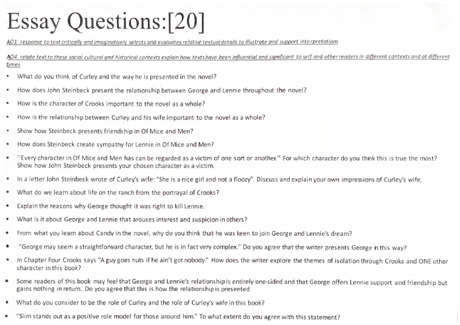 Essay Questions:[20]
A01: response to text critically and imaginatively selects and evaluates relative textual details to illustrate and sup