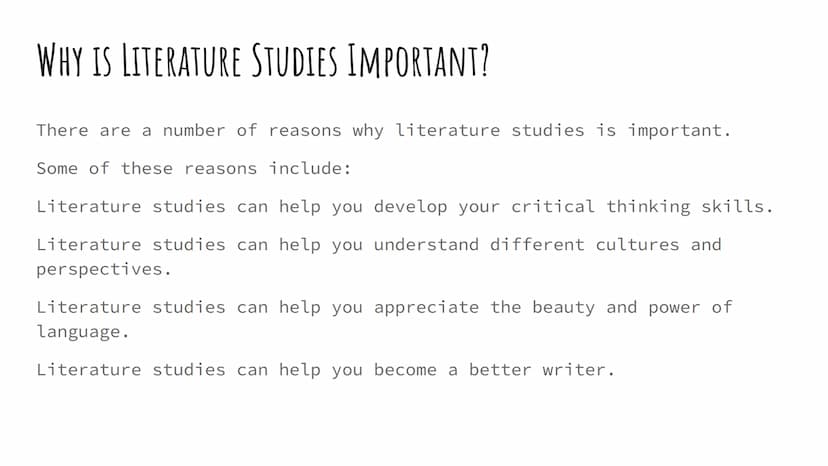 LITERATURE STUDIES
Introduction WHAT IS LITERATURE STUDIES?
Literature studies is the process of understanding and
interpreting literature.
