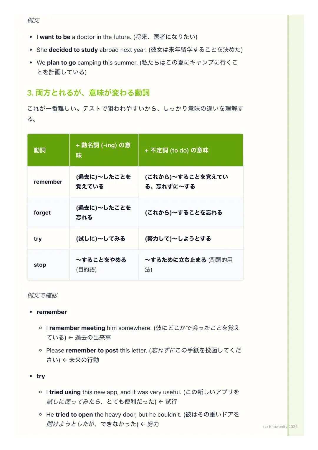 # 不定詞と動名詞の様々な使い方

不定詞と動名詞の使い分け

不定詞 (to +動詞の原形) と動名詞(動詞の-ing形)は、どちらも「~すること」
という意味の名詞のような働きをすることがある。でも、文の中でどう使い分け
るかがすごく重要。特に、動詞の目的語になるときに、どち