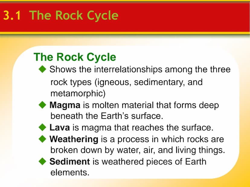 Chapter
3
Rocks 3.1 The Rock Cycle
Rocks
Rocks are any solid mass of mineral or
mineral-like matter occurring naturally
as part of our plane
