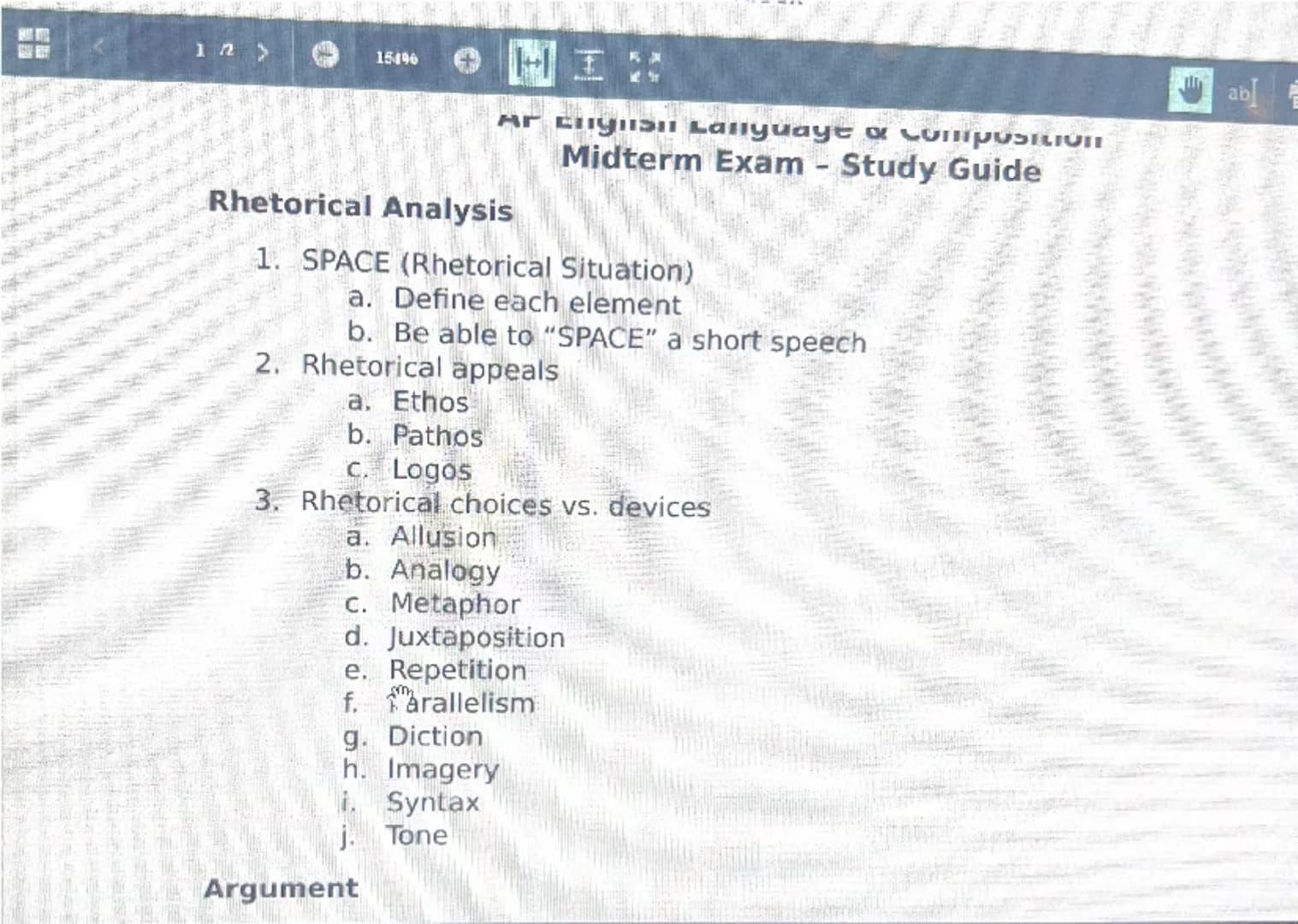 1 2 >
15496
HI:
Ar Enıyıışıı Lallyuaye & CompositiŪTI
Midterm Exam - Study Guide
Rhetorical Analysis
1. SPACE (Rhetorical Situation)
a. Defi