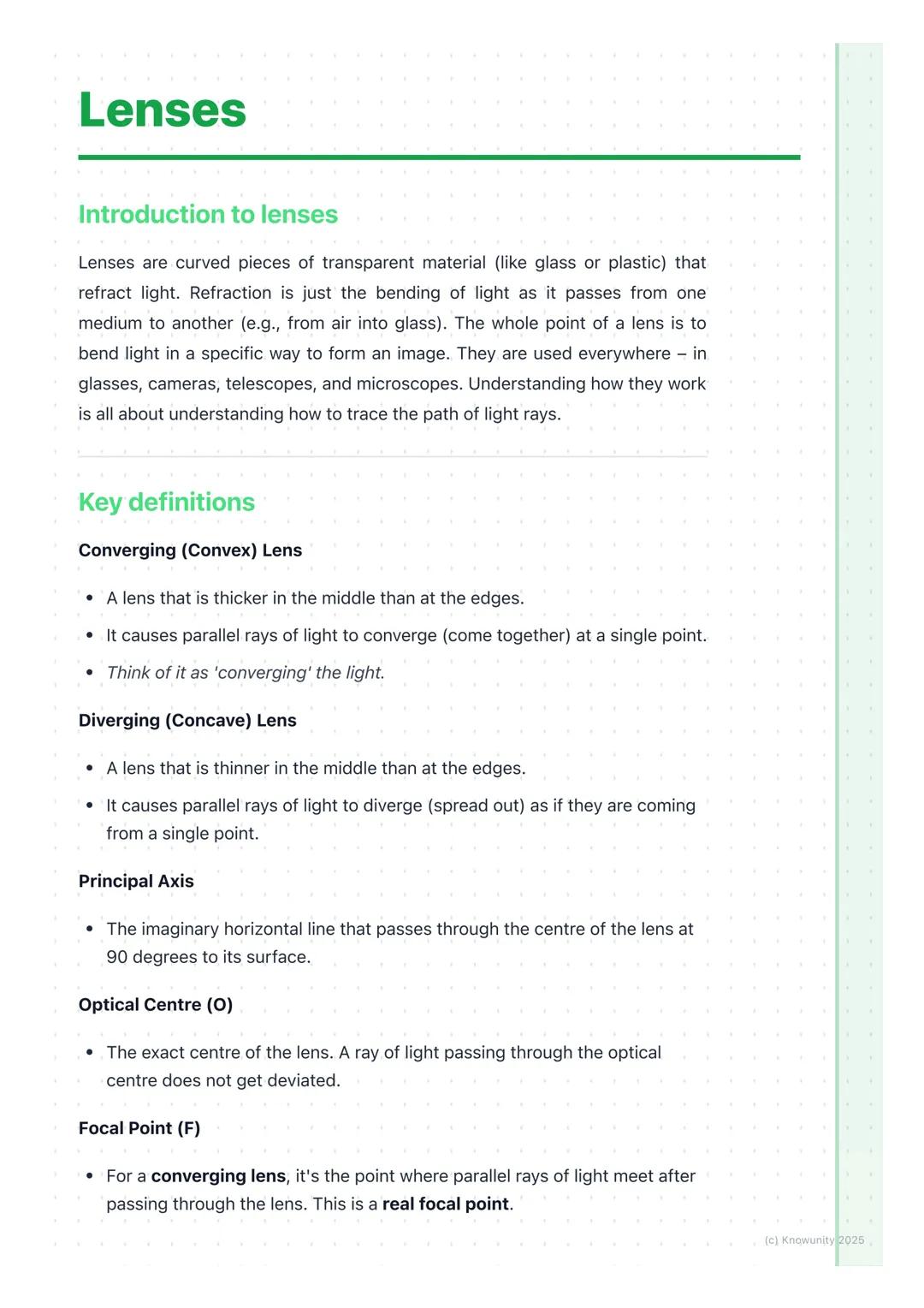 # Lenses

Introduction to lenses

Lenses are curved pieces of transparent material (like glass or plastic) that
refract light. Refraction is