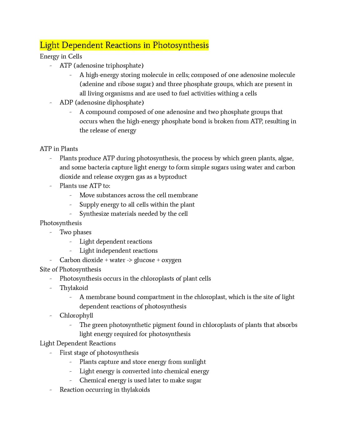 Light Dependent Reactions in Photosynthesis