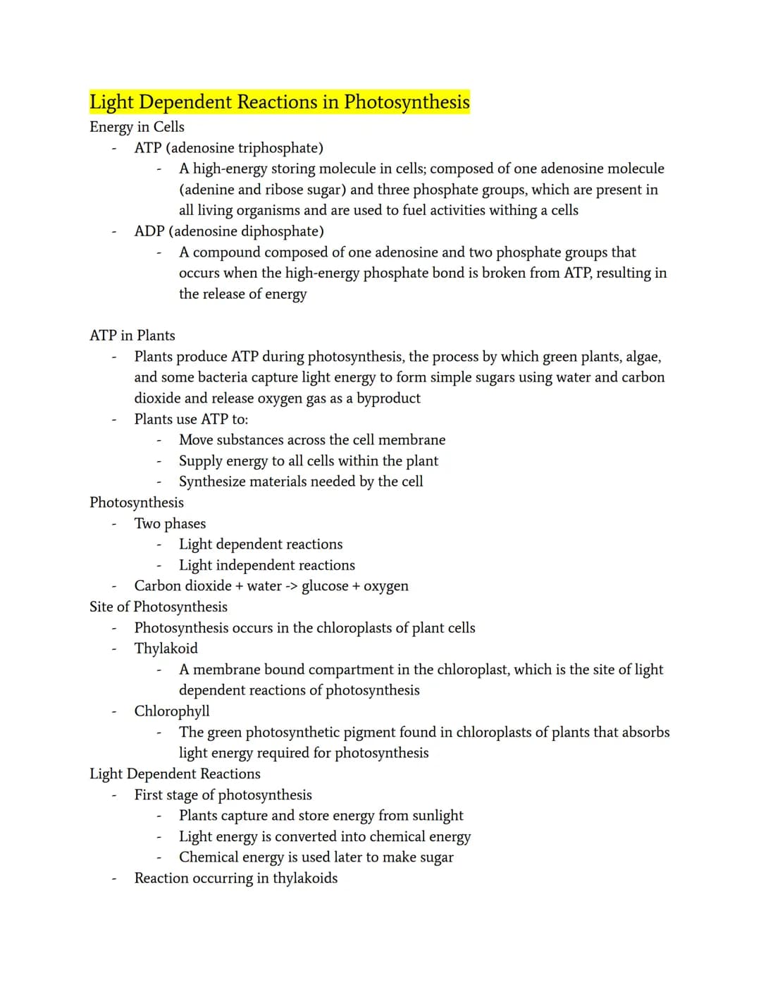 Light Dependent Reactions in Photosynthesis
Energy in Cells
ATP (adenosine triphosphate)
A high-energy storing molecule in cells; composed o