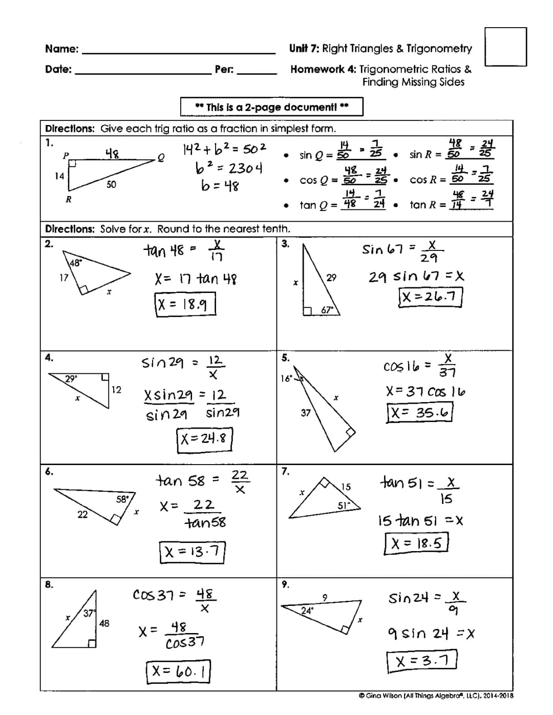 U7L4 Trig Ratios and Missing Sides Solutions