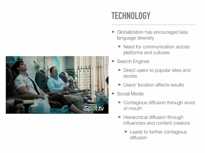 CONTEMPORARY CAUSES
OF DIFFUSION iSpot.tv
TECHNOLOGY
Globalization has encouraged less
language diversity
Need for communication across
plat