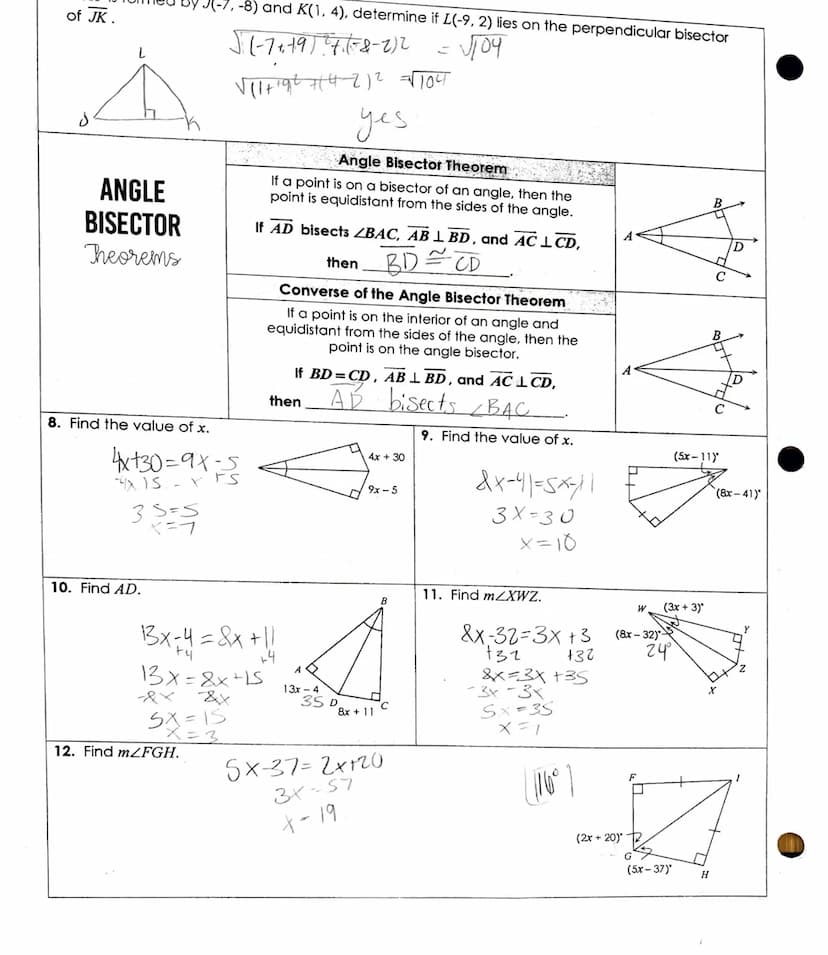 Name:
Topic:
Main Ideas/Questions
PERPENDICULAR
BISECTOR
Theorems
1. Find the value of x.
13x-48=7x724
6x=72
X=12
3. Find RS.
Notes/Examples