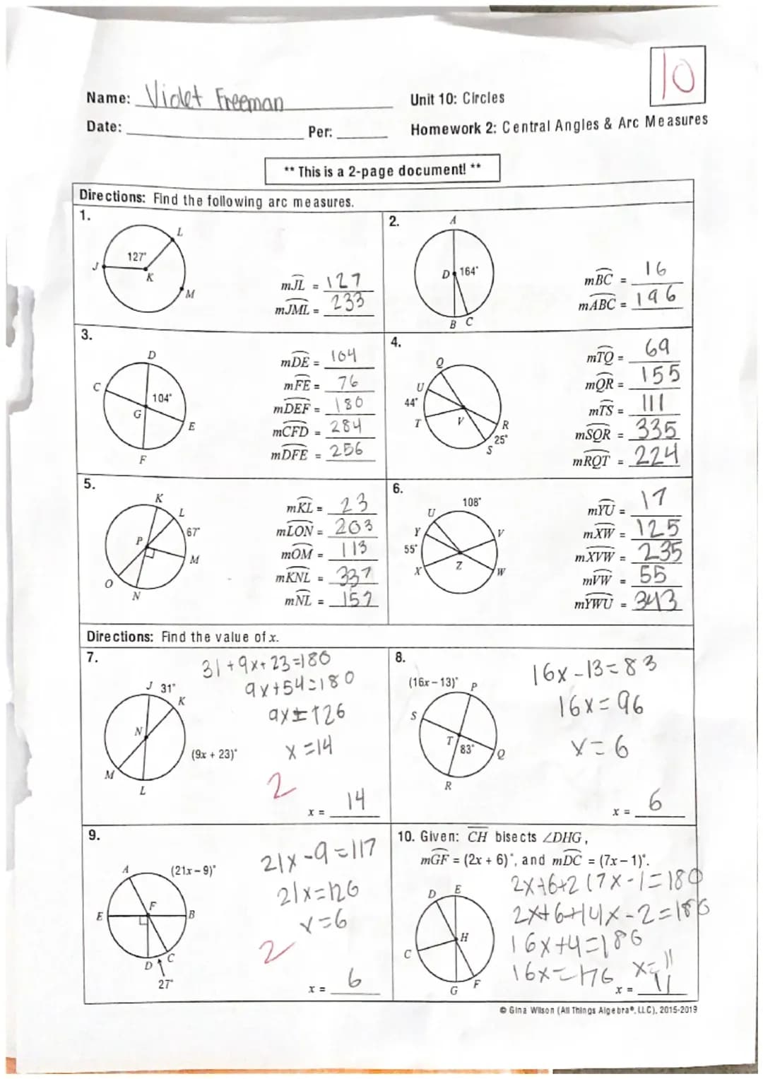 Unit 10: Circles Homework 2: Central Angles & Arc Measures