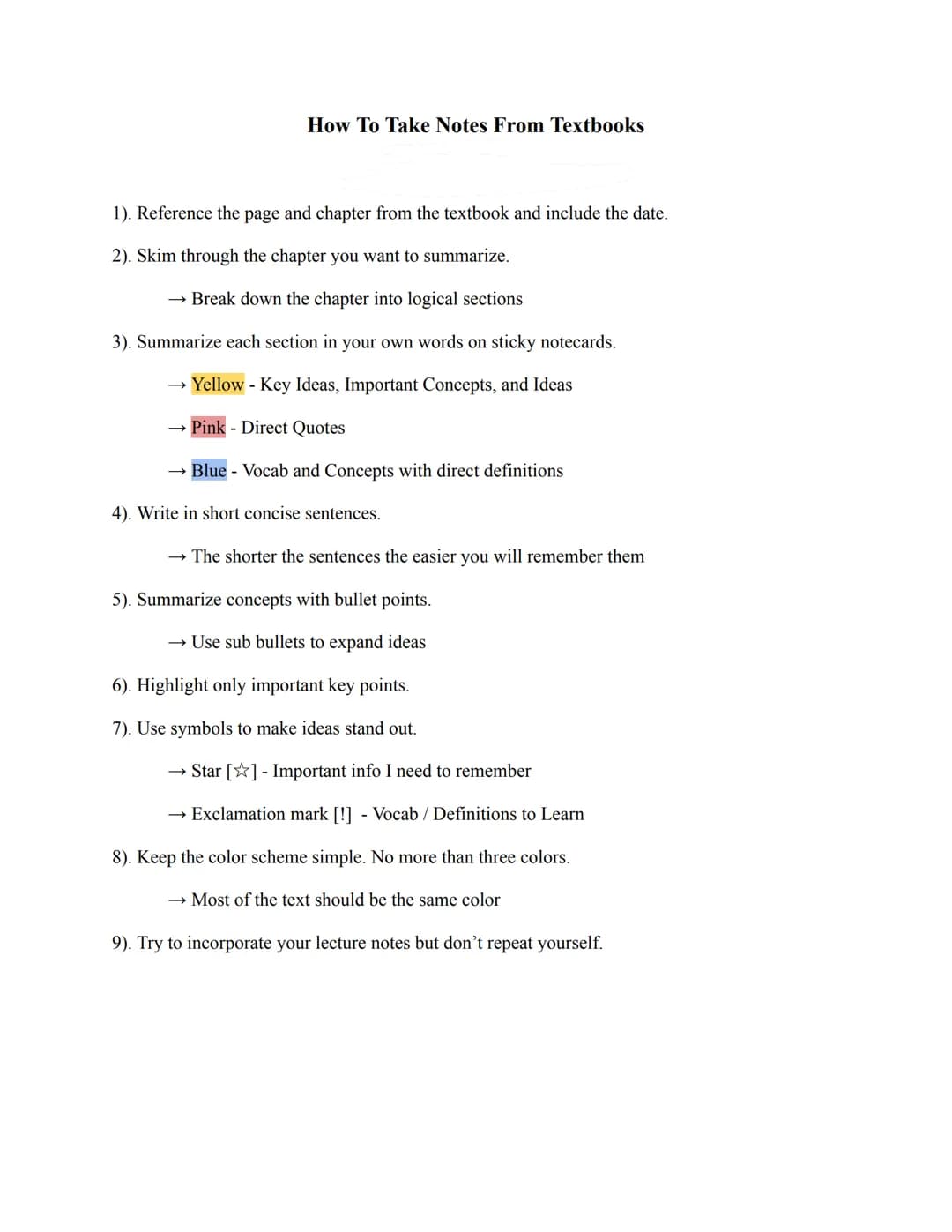 How To Take Notes From Textbooks
1). Reference the page and chapter from the textbook and include the date.
2). Skim through the chapter you
