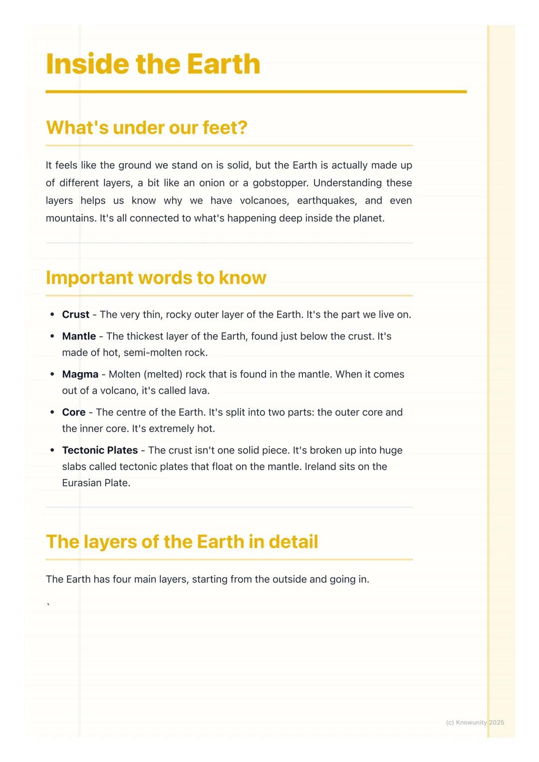 # Inside the Earth

## What's under our feet?

It feels like the ground we stand on is solid, but the Earth is actually made up
of different