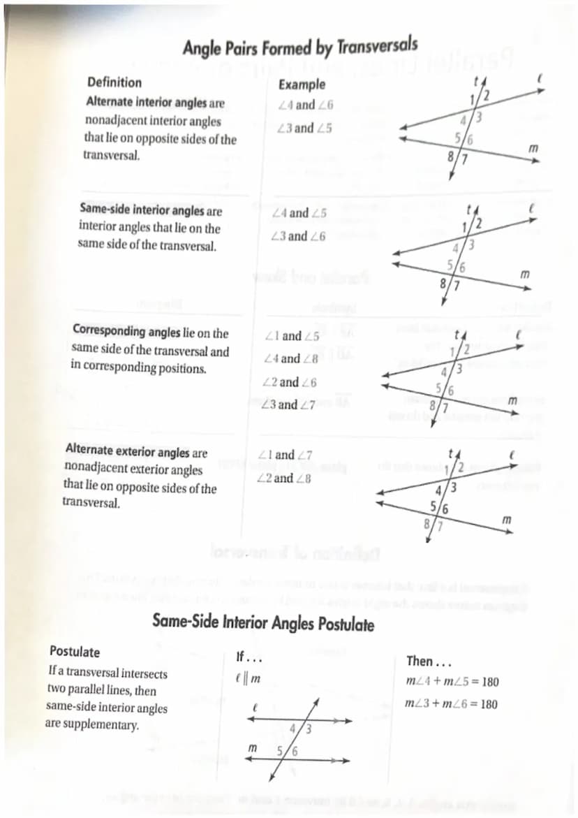 Parallel Lines, and Pairs of Angles
Same-side interior angles-interior Parallel lines-coplanar lines that
angles that lie on the same side o