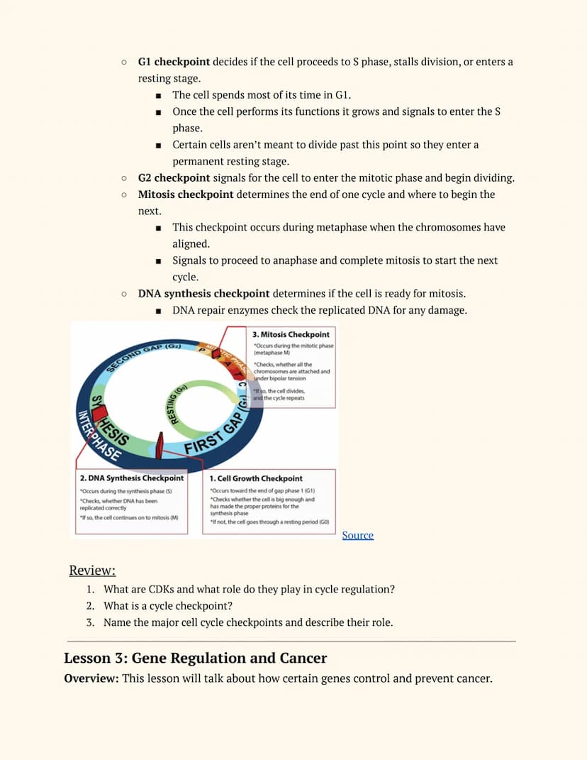 Adv. Science: Genetics
Unit 8
Topics: Cell Cycle and Regulation, Gene Regulation, Cancer, Mutations,
and Carcinogens
Lesson 1: Cell Cycle an