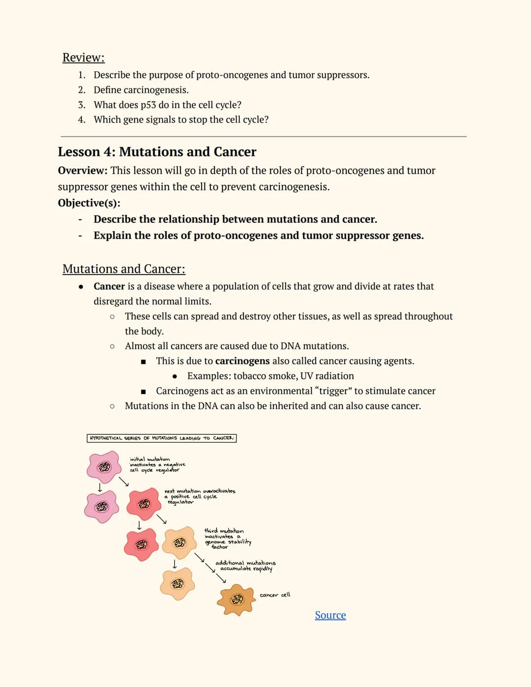 Adv. Science: Genetics
Unit 8
Topics: Cell Cycle and Regulation, Gene Regulation, Cancer, Mutations,
and Carcinogens
Lesson 1: Cell Cycle an