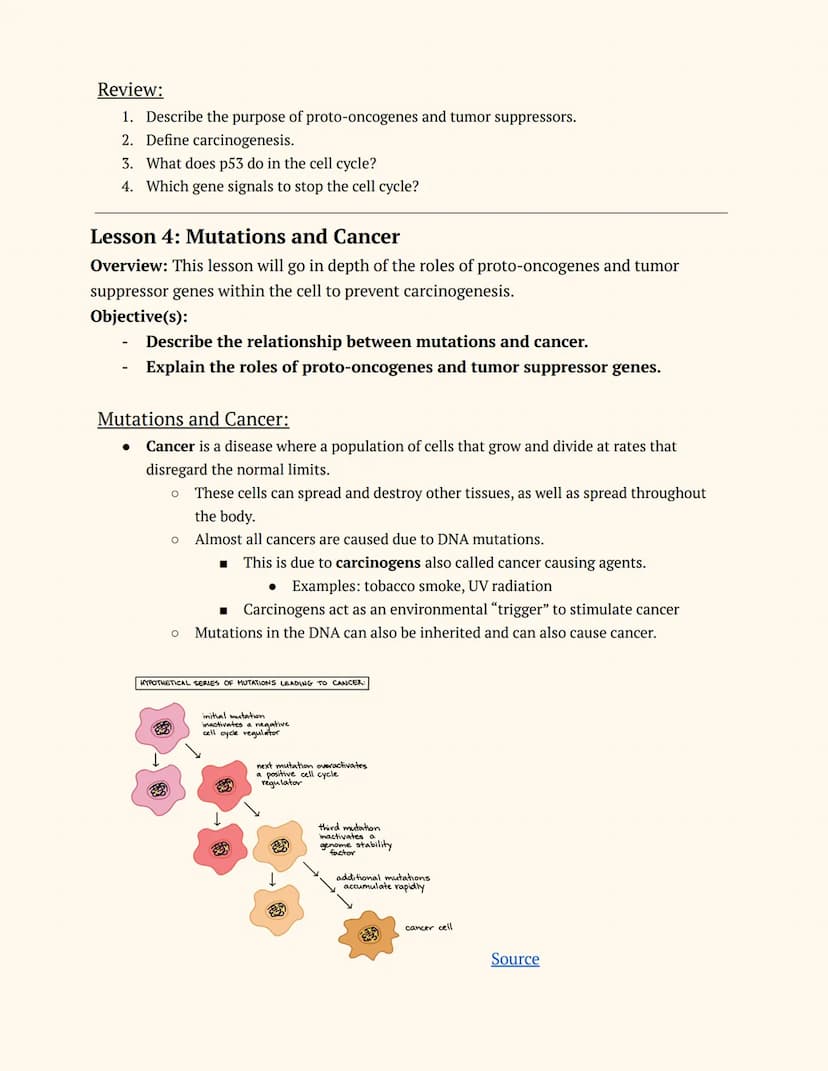 Adv. Science: Genetics
Unit 8
Topics: Cell Cycle and Regulation, Gene Regulation, Cancer, Mutations,
and Carcinogens
Lesson 1: Cell Cycle an