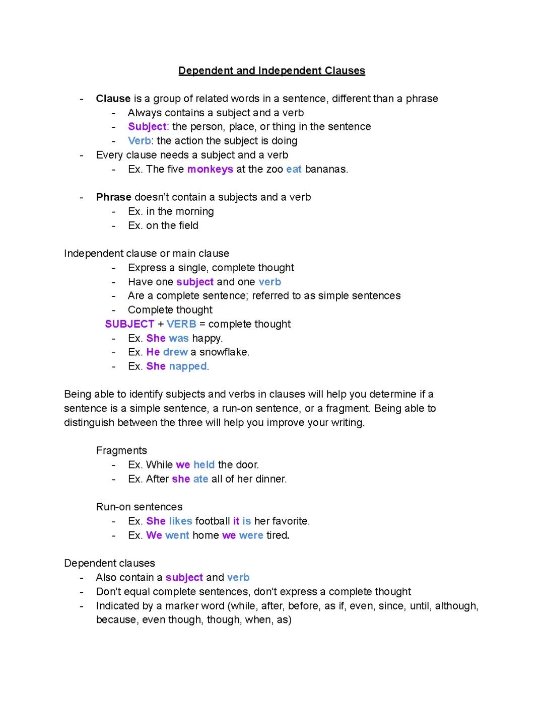 Understanding Dependent and Independent Clauses: Worksheets, Examples, and Exercises