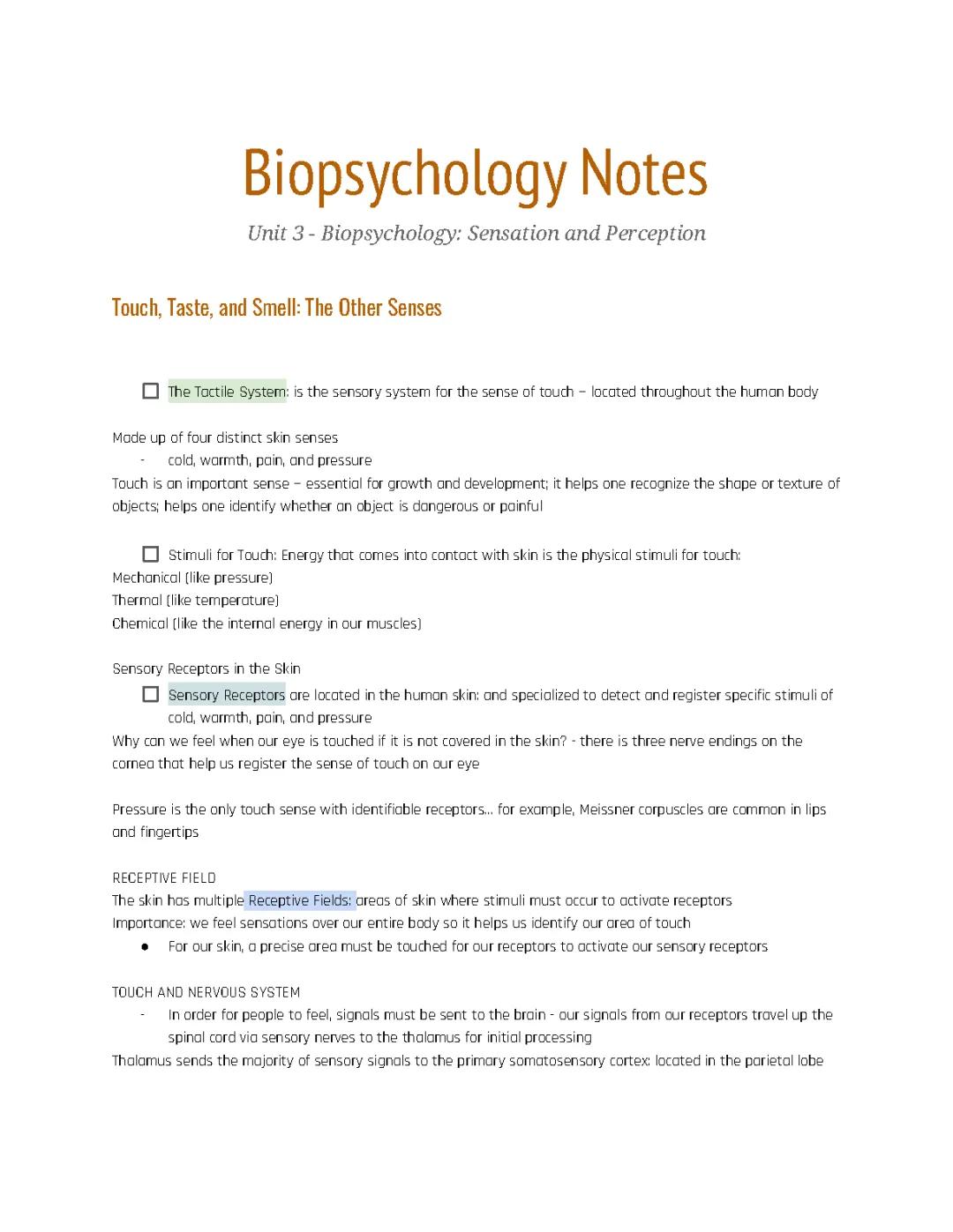 Exploring Touch, Taste, and Smell: Key Notes for Psychology Students