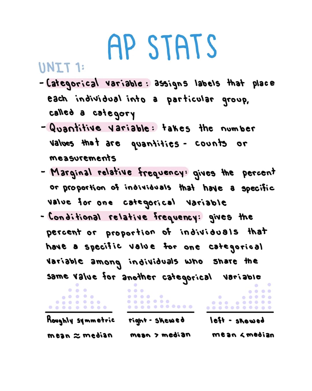 AP STATS
UNIT 1:
- Categorical variable: assigns labels that place
each individual into a particular group,
called a category
- Quantitive v
